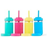 Elk and Friends Kids + Toddler Glass Cups | The Original 12oz Glass Mason Jar with Sleeves + Lids | Silicone Straws + Stopper | Smoothie Cup | Food Storage | Spill Resistant | Dishwasher Safe | 4 Pack