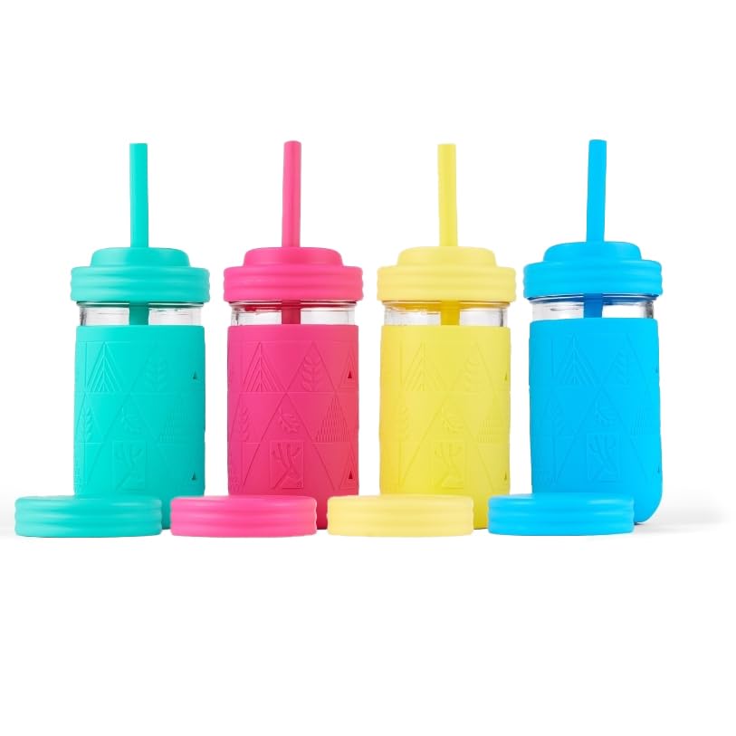 Elk and Friends Kids + Toddler Glass Cups | The Original 12oz Glass Mason Jar with Sleeves + Lids | Silicone Straws + Stopper | Smoothie Cup | Food Storage | Pink/Teal/Blue/Yellow | 4 Pack