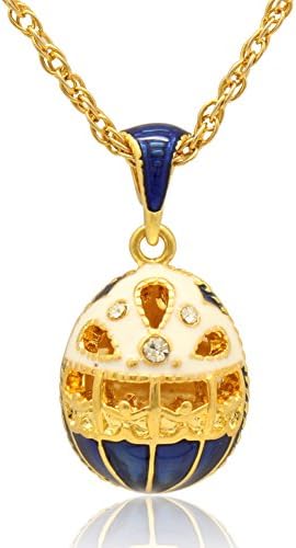 MYD Jewelry Enamel Hollow Design Easter Egg Faberge Egg Pendant Necklace (Blue)