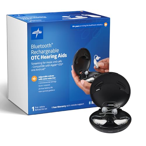 Medline Bluetooth Rechargeable OTC Hearing Aids, White, Behind-The-Ear, FDA App…