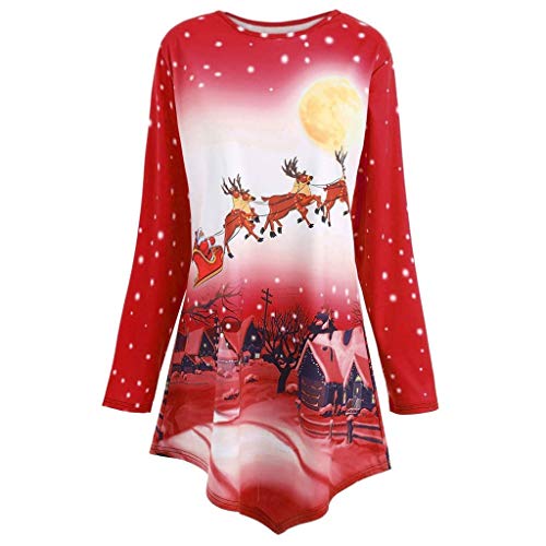 Sunhusing Ladies Casual Crew Neck Long Sleeve Christmas Elk Snowflake Printed Irregular Hem Pullover Tops(Red,S)