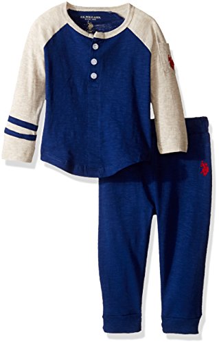 U.S. Polo Assn. Baby Boys' Long Sleeve Slub Jersey Raglan Henley and French Terry Joggers, Marina Blue, 18 Months