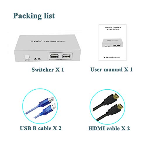 AAO 2 Port HDMI KVM Switch 2x1, UHD 4K@30Hz, Powered by USB, Compatible with Windows Mac Linux, Support Normal Wireless Keyboard and Mouse, Sliver, with 2 HDMI and USB Cables - Thumbnail 6