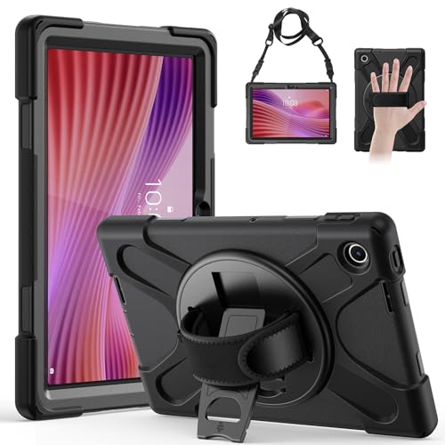 Gerutek Anti-Drop Case for Lenovo Tab 10.1 Inch 2025, (TB-311FU/TB-311XU), Rugged Case with Rotating Stand, Hand/Shoulder Strap, Pencil Holder, Case for Lenovo Tab 2025 10.1 inch WUXGA, Black
