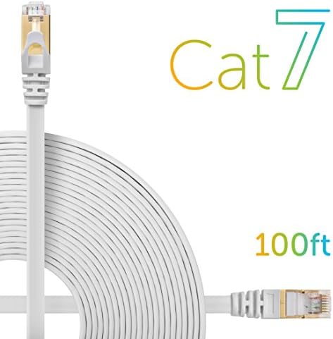 Cat 7 Ethernet Cable Flat 100 Ft White - patch cord - Shielded STP - High Speed 10GB - Snagless RJ45 Connectors
