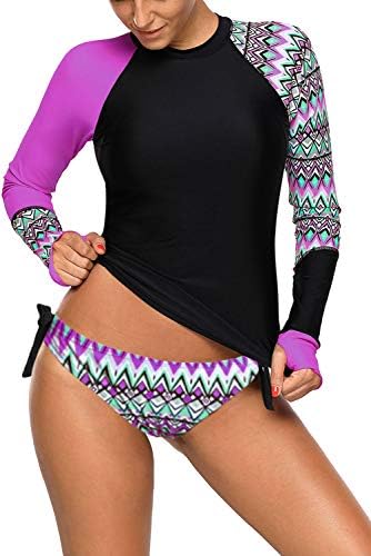 Womens 2pcs Long Sleeve Rashguard Swimsuits Color Block Tankini Sets