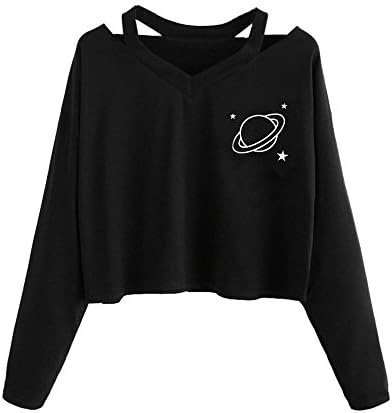 ILUCI Women Teen Girls Tops Hoodie Sweatshirt Rose Print Crop Tops Long Sleeve V Neck Causal Blouse Shirts