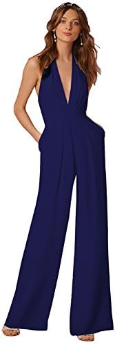 Lielisks Sexy Jumpsuits Formal Sleeveless V-Neck Halter Wide Leg Long Pants Navy L