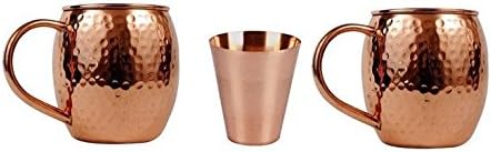 100% Pure Handcrafted Unlined Hammered Moscow Mule Copper Mug (Set of 2) - 16 Oz Capacity w/ Free Gift of Short Glass, Cocktails &amp; Cold Drink Bar Solid Copper Cups