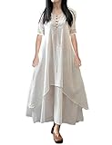 Yiwa Women Short Sleeve Layered Vintage Plus Size Swing Maxi Dress White