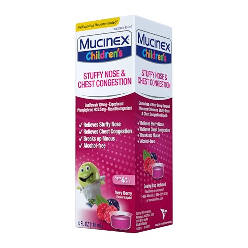 MUCINEX CHILDREN’S STUFFY NOSE & CHEST CONGESTION, MULTI-SYMPTOM RELIEF, EXPECTORANT, NASAL DECONGESTANT, VERY BERRY FLAVOR, 4 FL OZ