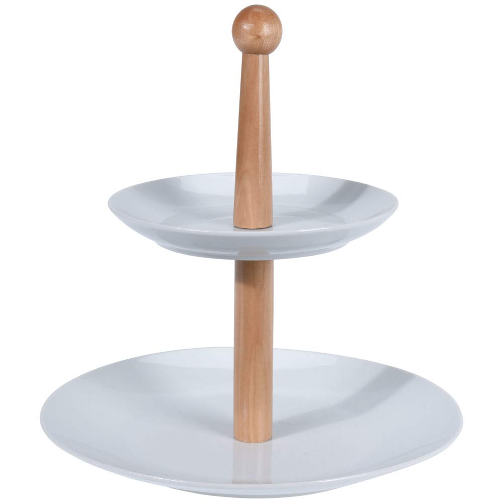 EH Excellent Houseware Porcelain platter with wooden handle for cakes, cakes, fruits - 2-level