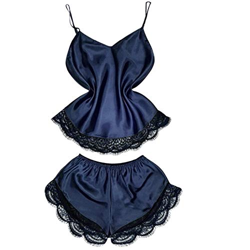 Usstore  Women 2PCS Eyelash Lace Sleepwear Pyjamas Sets Sexy Charming Satin Thin Sling&Shorts Babydoll Home Lingerie (XL, Navy)
