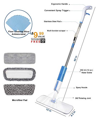 Microfiber Spray Mop for Floor Cleaning,AYOTEE Hardwood Floor Mop with 30Pcs Floor Cleaning Slices,3 Washable Mop Pads,1 Refillable Spray Bottle,Dust Mop Wet Mop for Laminate,Hardwood,Ceramic,Tile