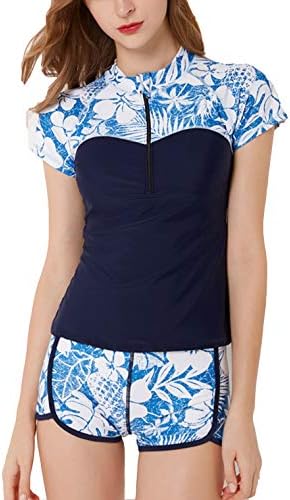 Previn Women's Surf Rash Guard Short Sleeve Zip Front Sun ProtectionTwo Piece Boyshort Swimsuit