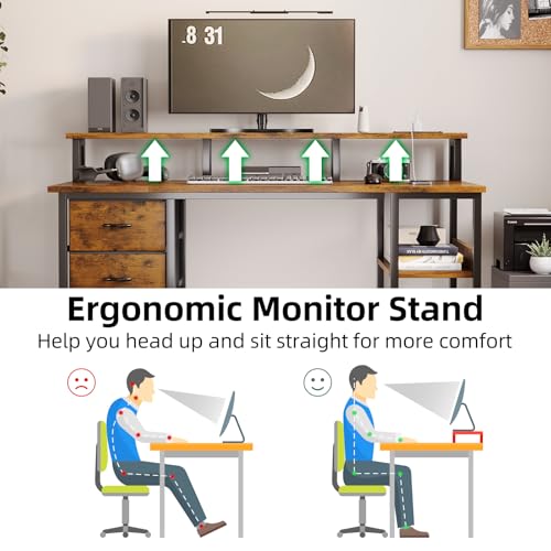 MUTUN 47" Reversible Computer Desk with Charging Station, Office Desk with Drawers and Shelves, Bureau de Travail, Home Office Desks, Study Table with Monitor Stand (Rustic Brown, 47 Inch)