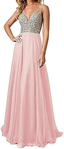 QSYE Women's Beaded Prom Dreeses Long V-Neck Chiffon Evening Gowns 2018 Pink,0