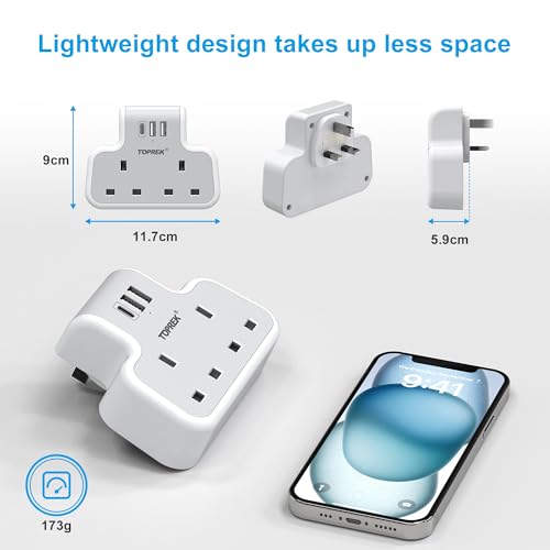 TOPREK Multi Plug Adaptor, Double Plug Adapter UK, 2USB-A & 1USB-C Extension Socket, Slim Wall Extension socket for Home, Office, Kitchen