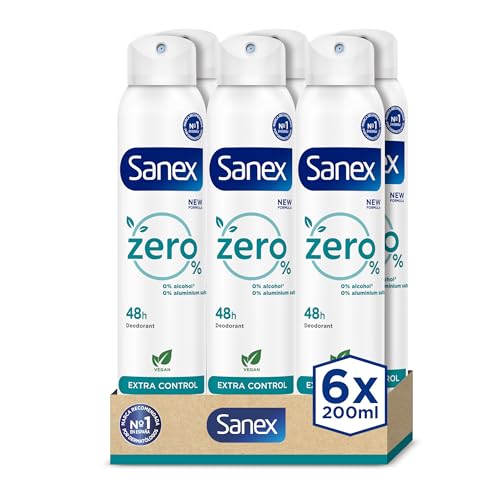 Zero% Extra Control Desodorante Spray, Pack 6 Uds x 200ml, Protección 48H, 0% Alcohol y 0% Sales de Aluminio, Ingredientes Antibacterianos, Inhibe la Formación de Olores Corporales