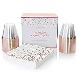 Rose Gold Party Supplies Plastic Cups and Napkins ~ 50 Luxury Clear Rimmed Plastic Cups and 50 Cocktail Napkins ~ 100 Piece Party Set