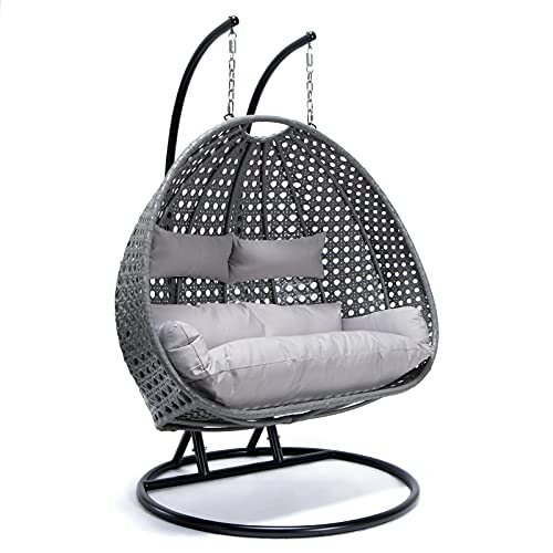 HOME DELUXE - Hängesessel Twin - Grau, Höhe 195 cm - inkl. Gestell, Sitz- und Rückenkissen I Polyrattan Hängestuhl Gartenschaukel Hängekorb