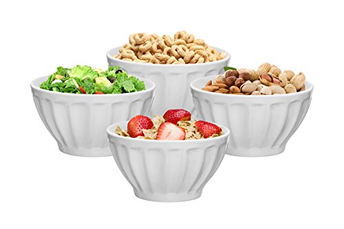 Ceramic Groove Bowls - Cereal, Soup, Ice Cream, 20 oz. Set of 4, By Bruntmor (White)