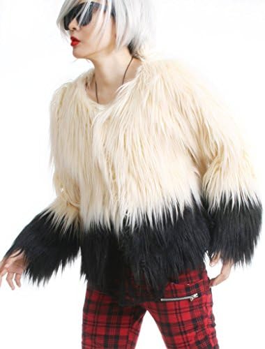 Refuse to be Usual Two Tone Shaggy Long Hair Faux Fur Waist Length Coat, One Size, Ivory/Black