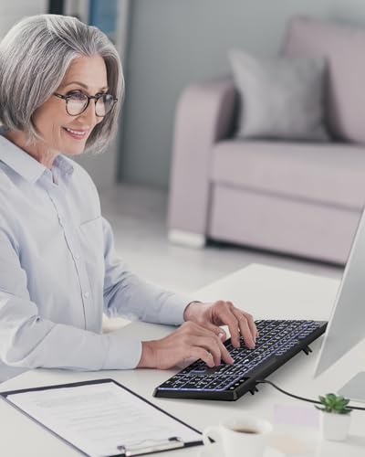 OMOTON Illuminated Keyboard, Cable PC Keyboard, QWERTZ White Illuminated with Large Pressure, 2 in 1 USB A/C for Seniors, Children, Visually Impaired for Windows with Multimedia Keys