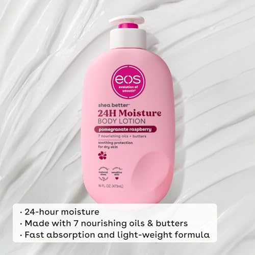 EOS SHEA BETTER BODY LOTION- POMEGRANATE RASPBERRY, 24-HOUR MOISTURE SKIN CARE, LIGHTWEIGHT & NON-GREASY, MADE WITH NATURAL SHEA, VEGAN, 16 FL OZ