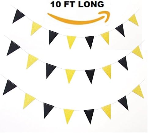 Black and Gold Glittery Sparkling Triangle Pennant Flag Bunting Banner Garland Holiday Decoration. 10 ft Vintage Style Party Supplies, 15 flags.