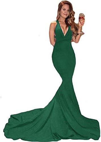Sweet Bridal Women's Mermaid Evening Party V-Neckline Backless Prom Dress Long Emerald Green US10