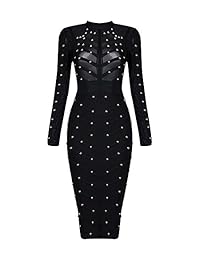 Hego H1577 - Vestido de fiesta de manga larga con tachuelas de malla para mujer