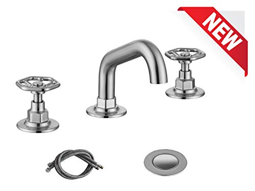 RKF Solid Brass Two Handle Widespread Bathroom Sink Faucet with Pop-up Drain with overflow and CUPC Faucet Supply Hoses,Brushed Nickel,CWF026C-BN