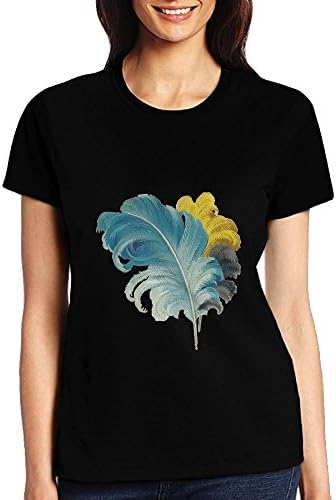 Women's Polyester Short Sleeve Plush Soft Yellow Green Feathers T-Shirt Round Neck Tees