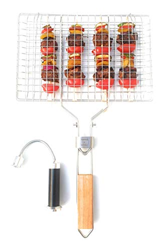 Harold & Harold BBQ Portable Grilling Basket Folding with Magnetic Grill Light and Removable Handle for Fish, Vegetables, Steak, Shrimp or Kabobs. Outdoor Grill Basket with Barbecue Grill Light