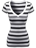MBE Women's Wide v-neck Stripe Short Sleeve Tee Shirts