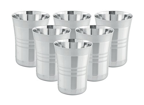 Ratna Stainless Steel Serving Silver Color Glasses Mirror Finish Designer Glass Multi Purpose Unbreakable Water Drinking Glass Medium Size - Set of 6 pcs (250ml)