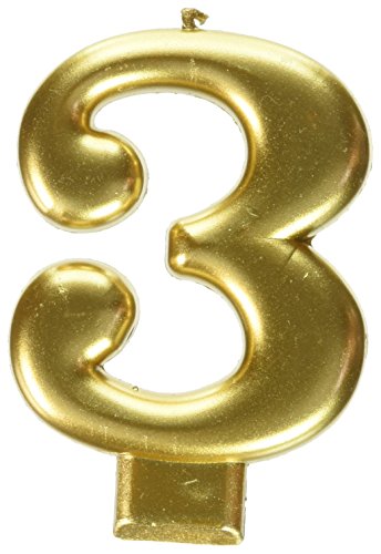 Amscan Birthday Celebration, Numeral #3 Metallic Candle, Party Supplies, Gold, 3 1/4
