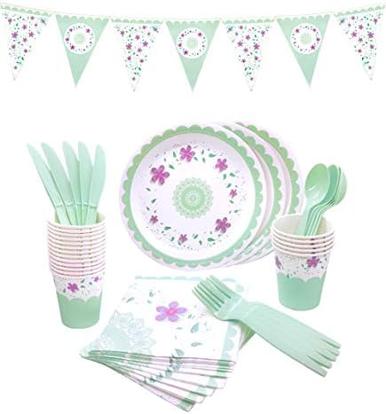 145 Piece Floral Party Supplies Set | Disposable Dinnerware Set | Services 24 - Includes Plastic Knives, Spoons, Forks, Paper Plates, Napkins, Cups, Banner | Tea Party Birthday Wedding