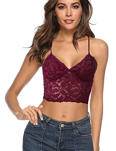 BETITETO Womens Floral Lace Bralette Wirefree Bra Removable Pads Adjustable Strap for Youths A-C Cups (Wine Red, Small(30AB 32AB))