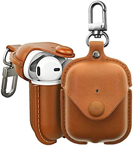 AirPods Case,AirPods Accessories Set with Keychain,Genuine Leather Portable Shockproof Protective Cover for Apple AirPods Earphones Charging Case (Brown)