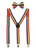Suspender Bow Tie Set Clip On Y Shape Adjustable Braces, Pant Suspenders Shoulder Straps for Cosplay Party (Rainbow)