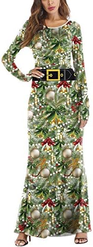 Women's Christmas Maxi Dresses 3D Printed Crewneck Long Sleeve Loose Plain Xmas Casual Long Dresses Costume