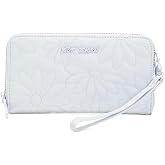 Betsey Johnson Quilted Flower Zip Around Wallet with Wristlet Strap, Light Blue, 8.5 x 4.5 Inches, Multiple Card Slots and Pockets