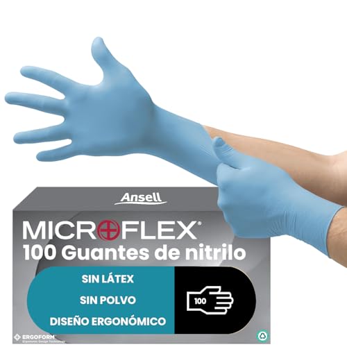 Ansell Microflex 92-134 Guantes Desechables de Nitrilo, Sin Polvo, Protección Química y Mecánica, Seguridad Alimentaria, Guantes Multiusos Profesionales, Azul, Talla M (100 Guantes)