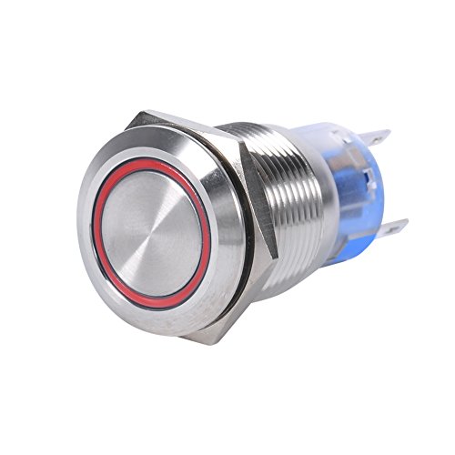 12V-24V LED Self-locking Latching Push Button Switch, 19mm Stainless Steel 12V Waterproof Toggle Switch Self-locking On/Off Latch Button Switch 1NO1NC (Red)