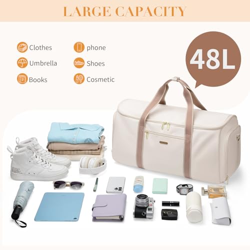 2 in 1 Convertible Travel Bag for Women Clothes Bag Foldable Sports Bag for Business Trips and Weekend Getaways (Off White)