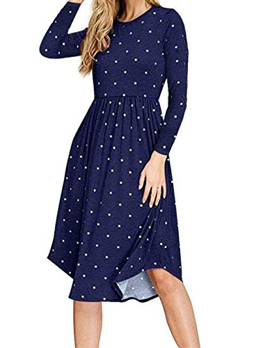 AMCLOS Women Pleated Polka Dot Pocket Swing Casual Midi T Shirt Dress Long Sleeve (Navy Blue, L)