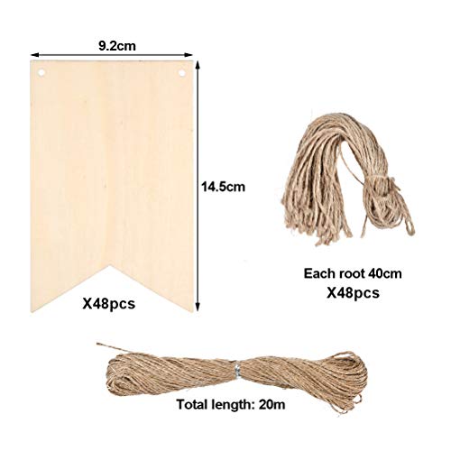 WOWOSS 48 Pack Unfinished Wood Banners, Rustic Decorative Wood Plaque, Hanging Wooden Signs with 48 Pcs 13.7" Jute Rope and 1 Roll 65.6 Ft Jute String for Shop Home Decor, DIY Craft Projects