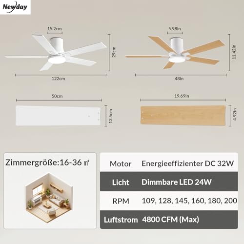 Newday Ceiling Fans, White, Flat, 122 cm Ceiling Fan with Lighting and Remote Control, Quiet, 5 Blades, Reversible Motor, Memory Function, Summer Winter Operation, Continuous Dimmer, Timer